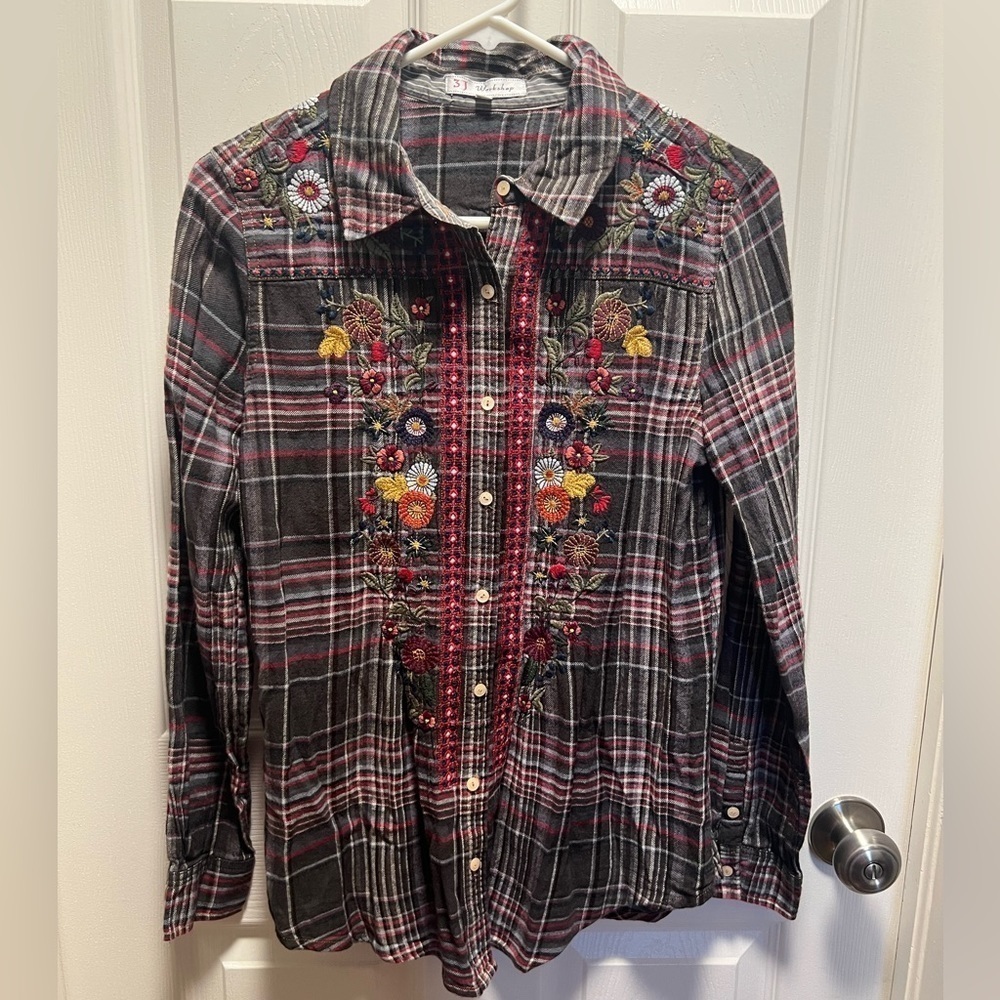 Johnny Was 3J Workshop | Multicolor Plaid Embroidered Burton Down Shirt‎ Sz S